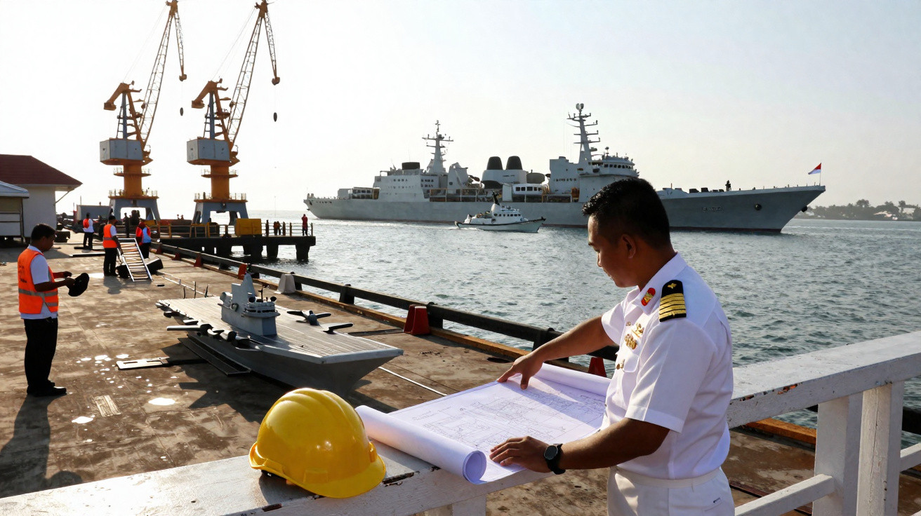 Oficial naval revisa planta em doca com navio e miniatura de embarcação ao fundo.