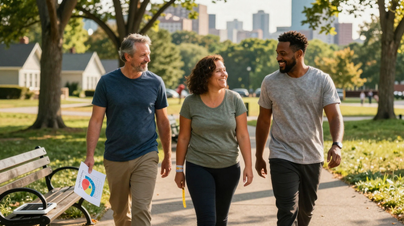 Três pessoas conversando e sorrindo enquanto caminham em parque urbano em dia ensolarado.