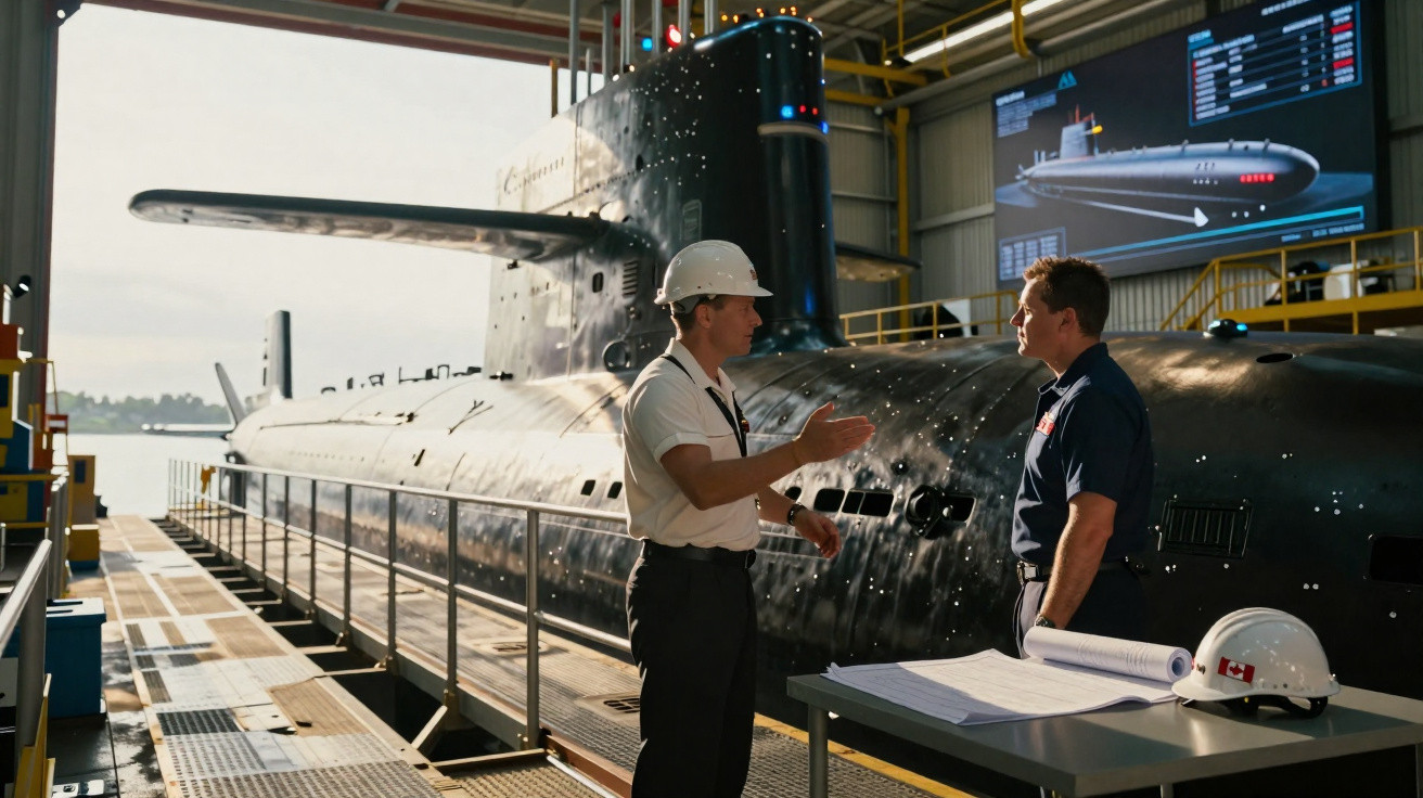 Dois homens conversam em doca seca ao lado de submarino negro e prancheta com capacete branco.