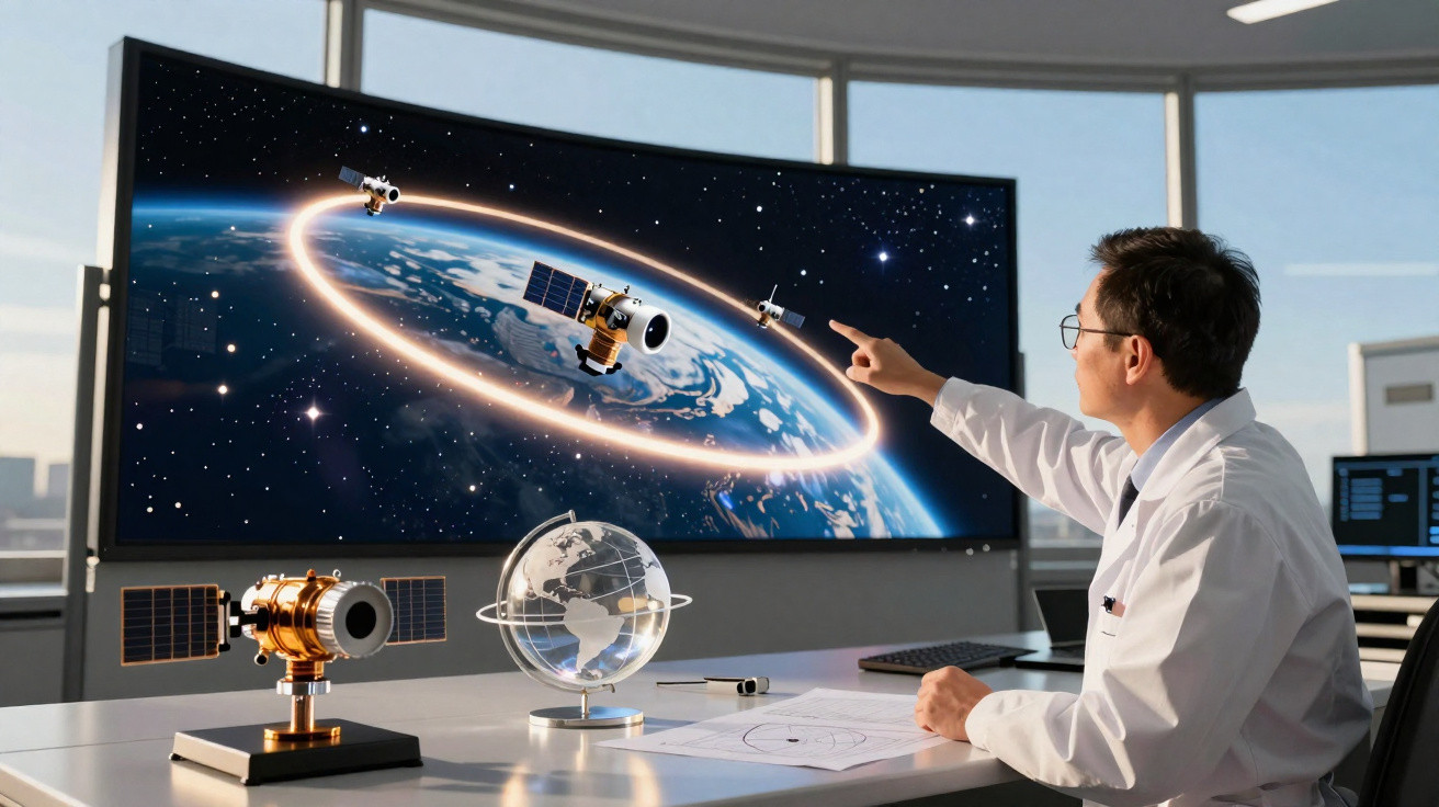 Cientista analisando simulação de satélites em órbita da Terra em tela grande no laboratório.