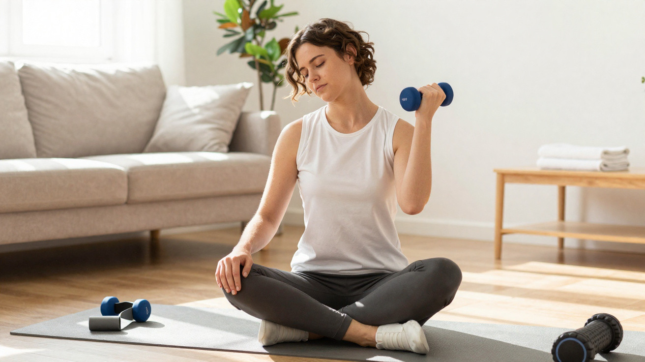 Mulher sentada no chão de sala fazendo exercícios com halteres em tapete de yoga.