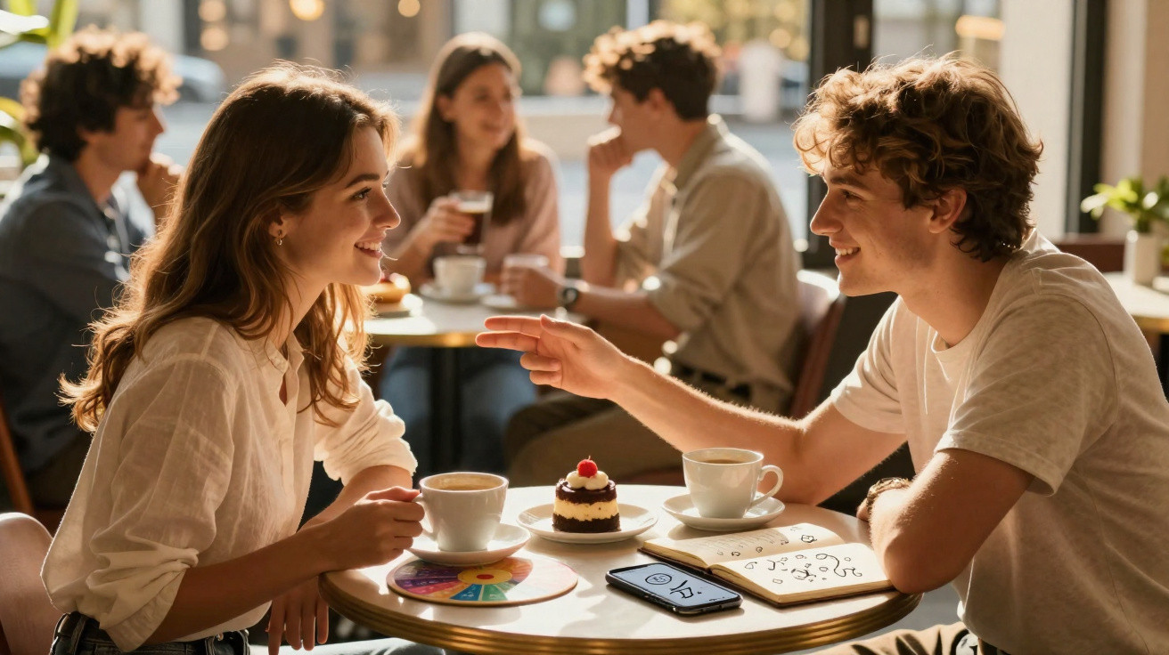 Jovens conversando e tomando café em uma cafeteria com bolo no centro da mesa.