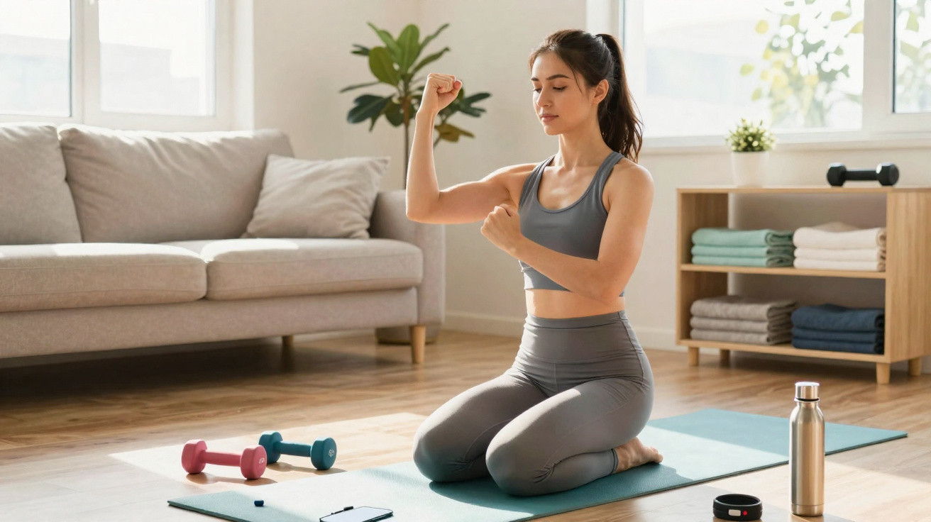 Mulher fazendo exercício em tapete de yoga na sala, com roupas esportivas cinza e halteres próximos.