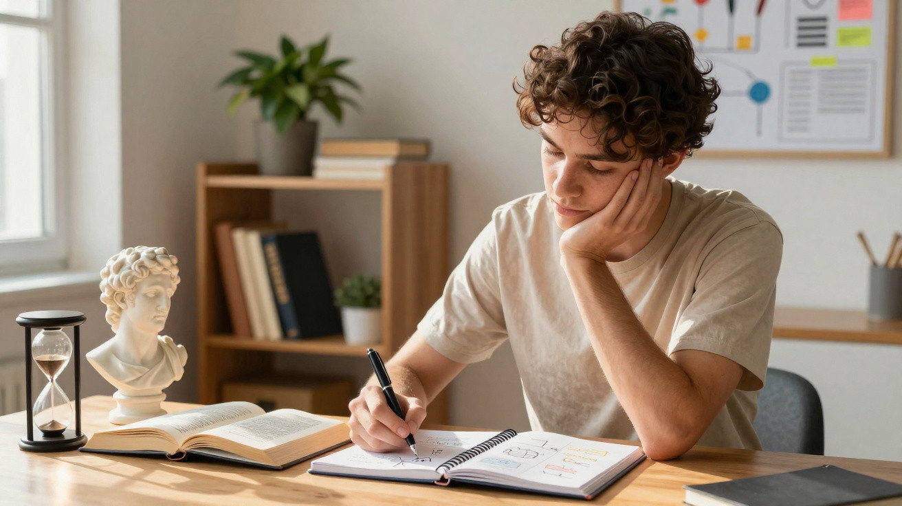 Jovem estudando e escrevendo em caderno com estátua, ampulheta e livros ao redor na mesa.