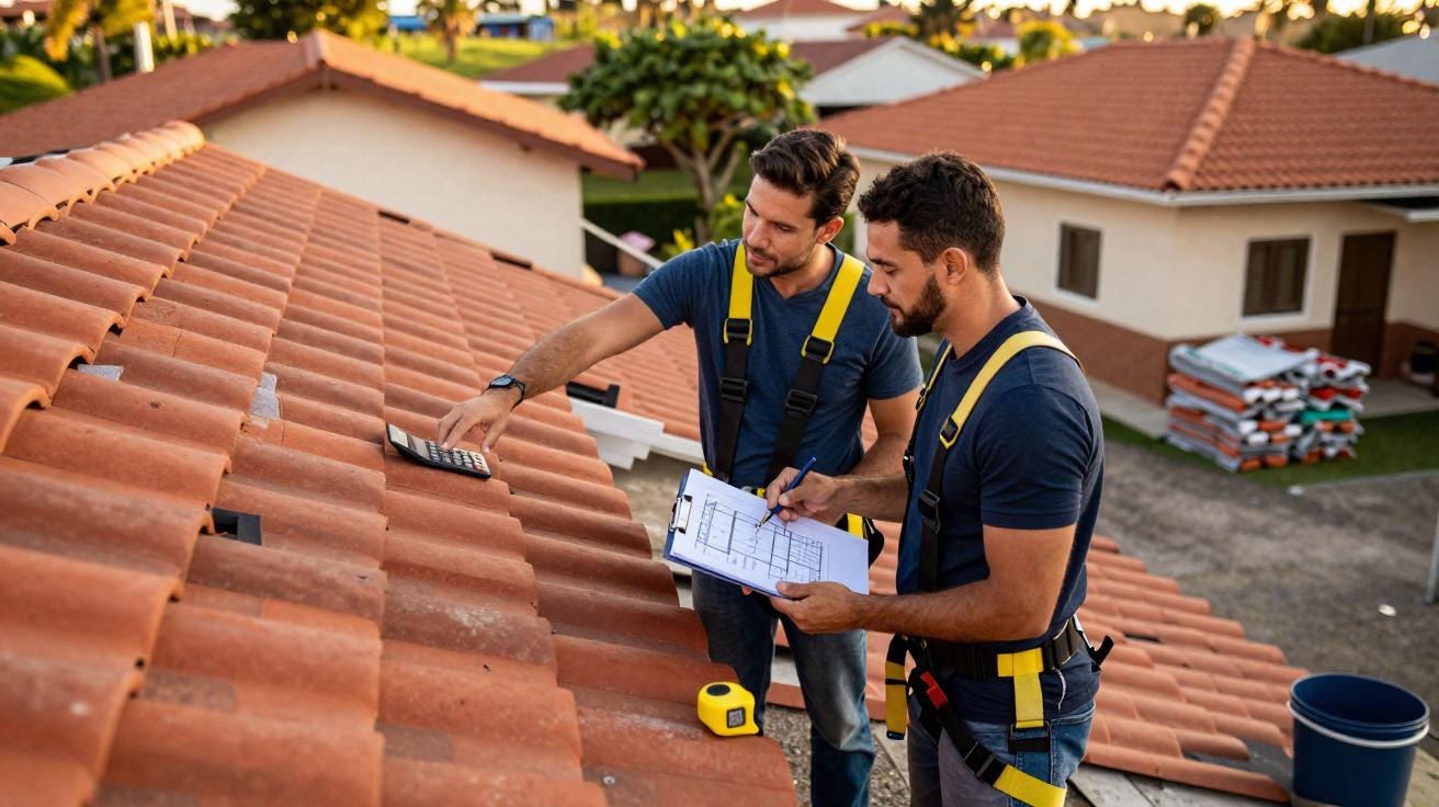 Dois homens com equipamentos de segurança inspecionam e fazem anotações no telhado de uma casa.