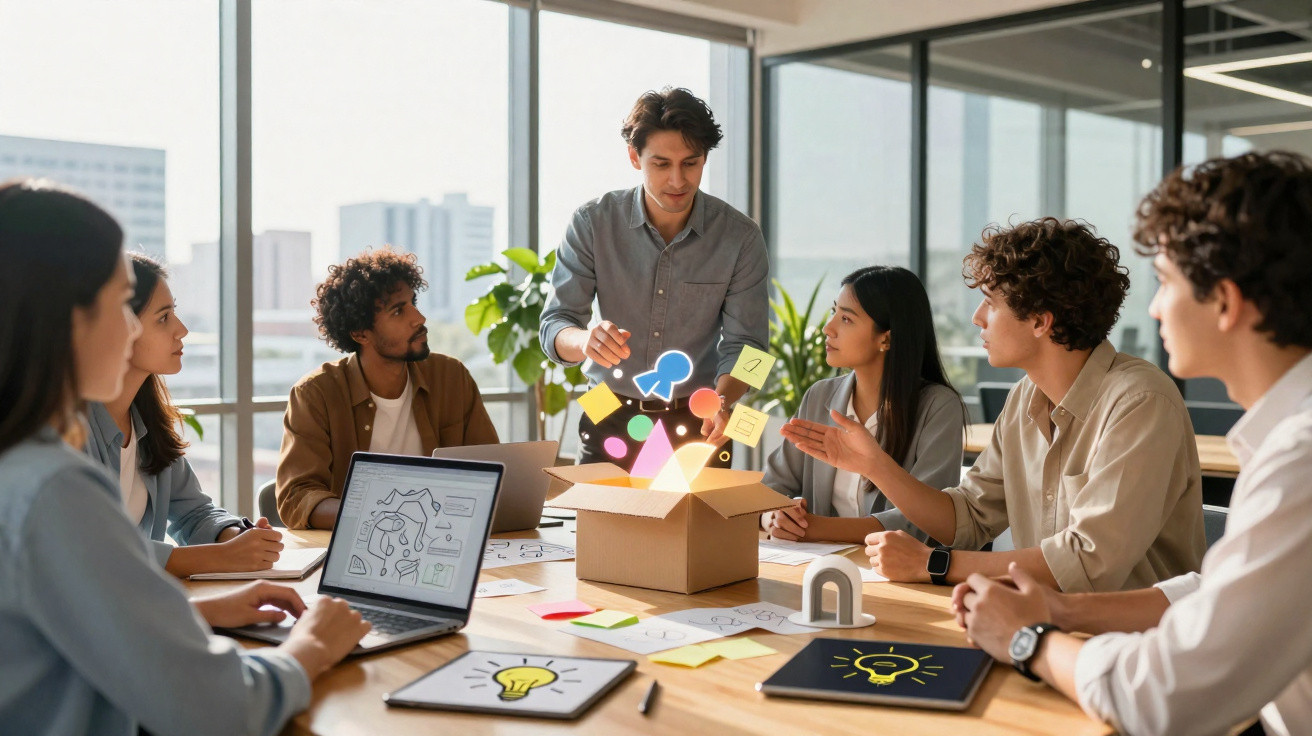 Grupo diverso em reunião de trabalho com elementos digitais coloridos saindo de uma caixa de papelão na mesa.