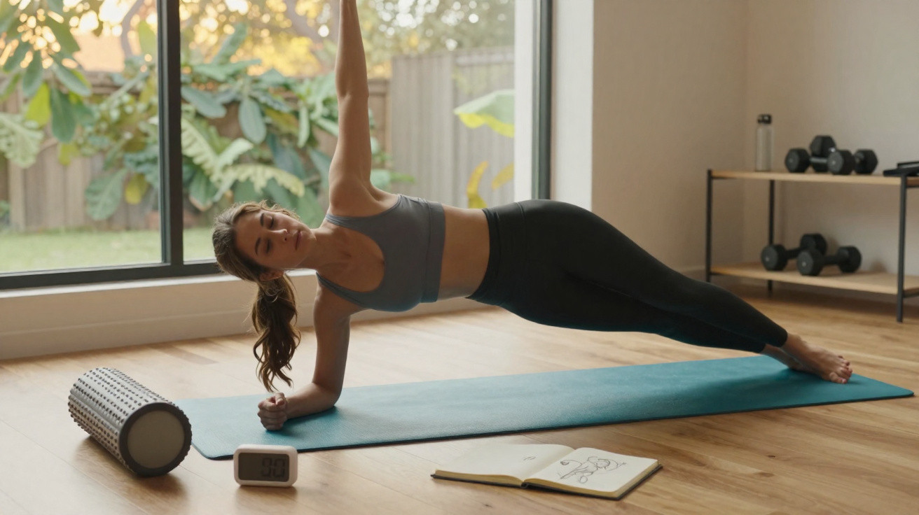 Mulher fazendo prancha lateral no tapete de yoga em sala com janela grande e objetos de exercício ao fundo.