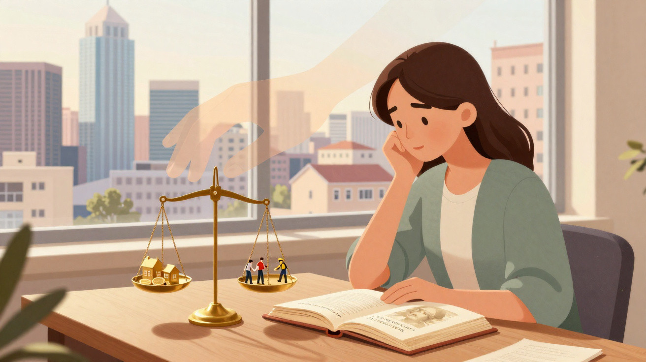 Mulher lendo livro com balança e figuras de pessoas e casas sobre mesa, cenário urbano ao fundo.