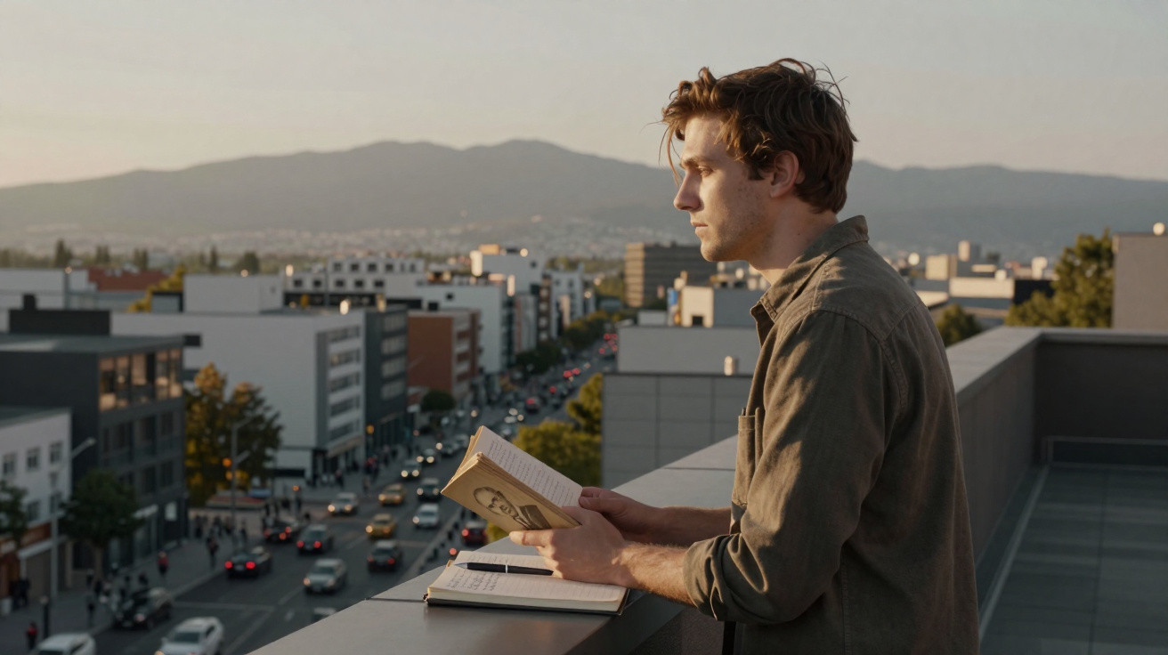 Homem jovem com livro e caderno olhando para a vista de uma cidade ao entardecer.