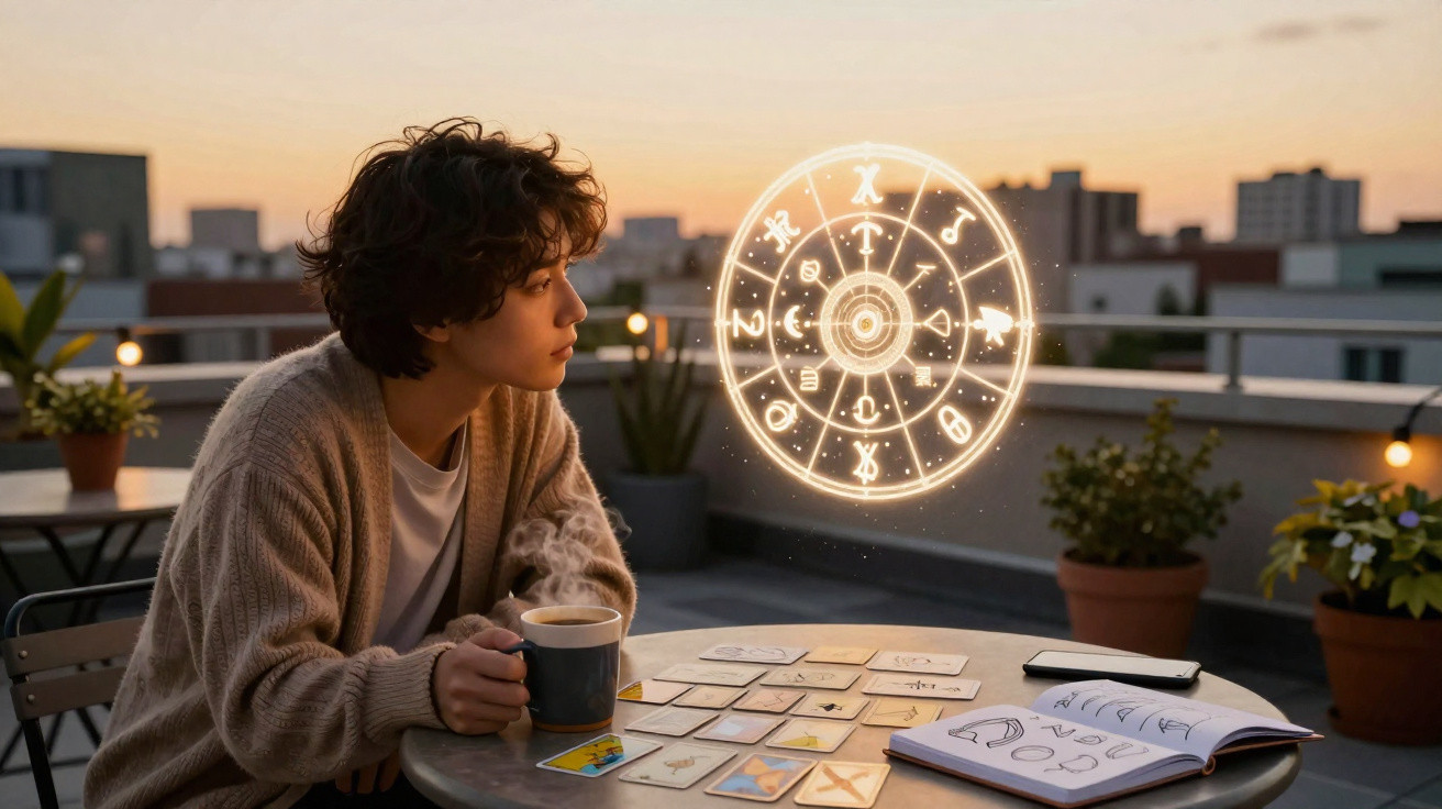 Pessoa sentada à mesa com cartas de tarô, segurando uma caneca, e roda zodiacal brilhante flutuante ao pôr do sol.