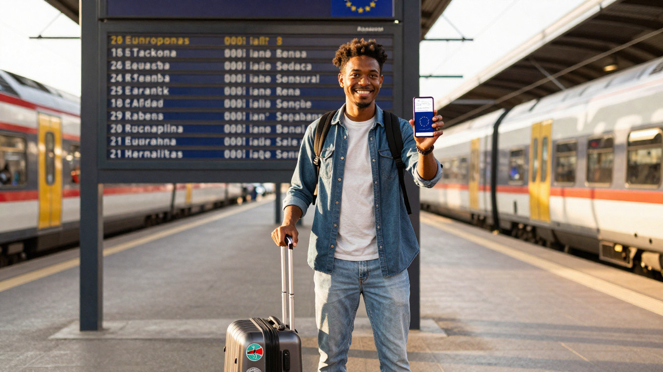 Homem sorridente na plataforma de trem segurando mala e mostrando celular com bandeira da União Europeia na tela.