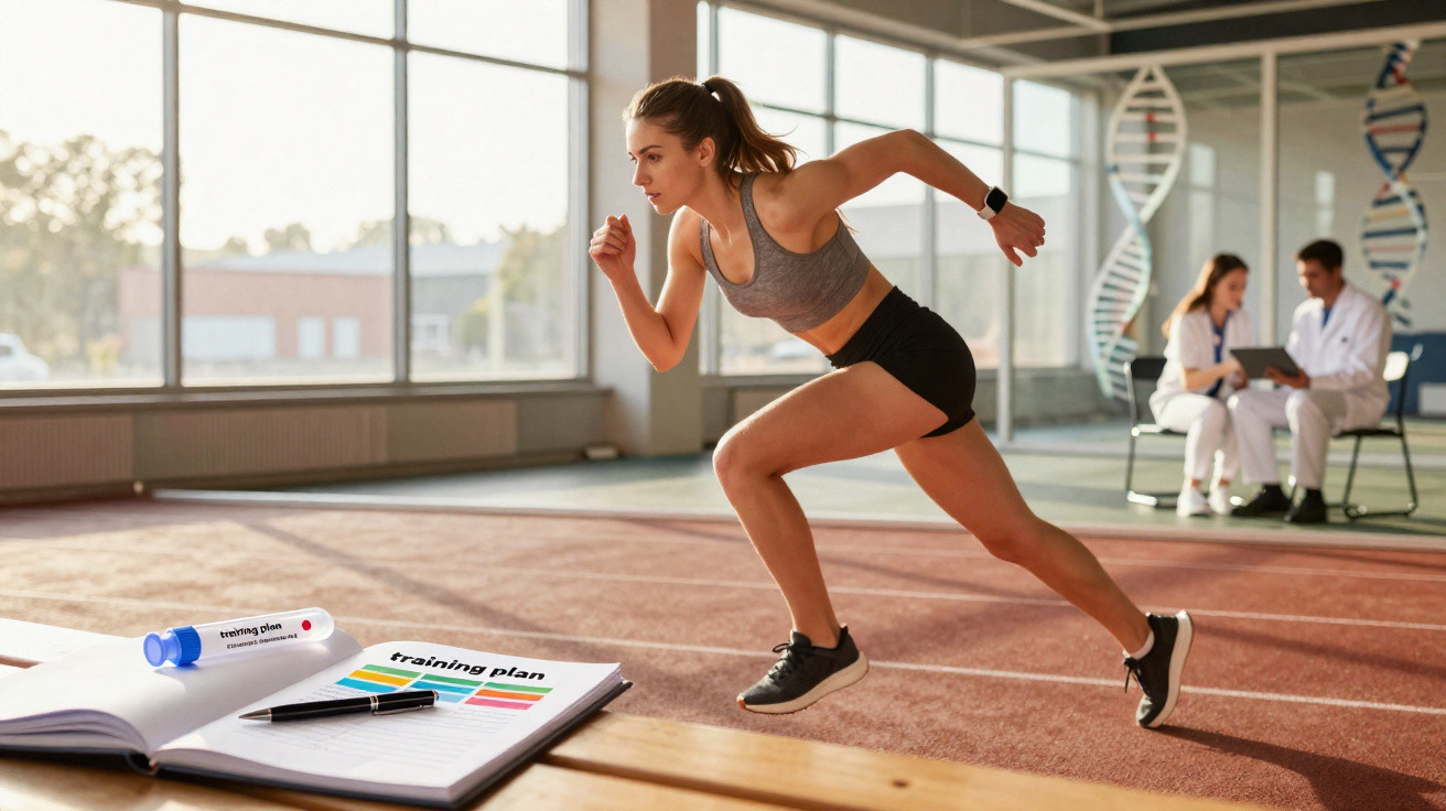 Mulher em roupa esportiva fazendo corrida em pista indoor com plano de treino e médicos ao fundo.