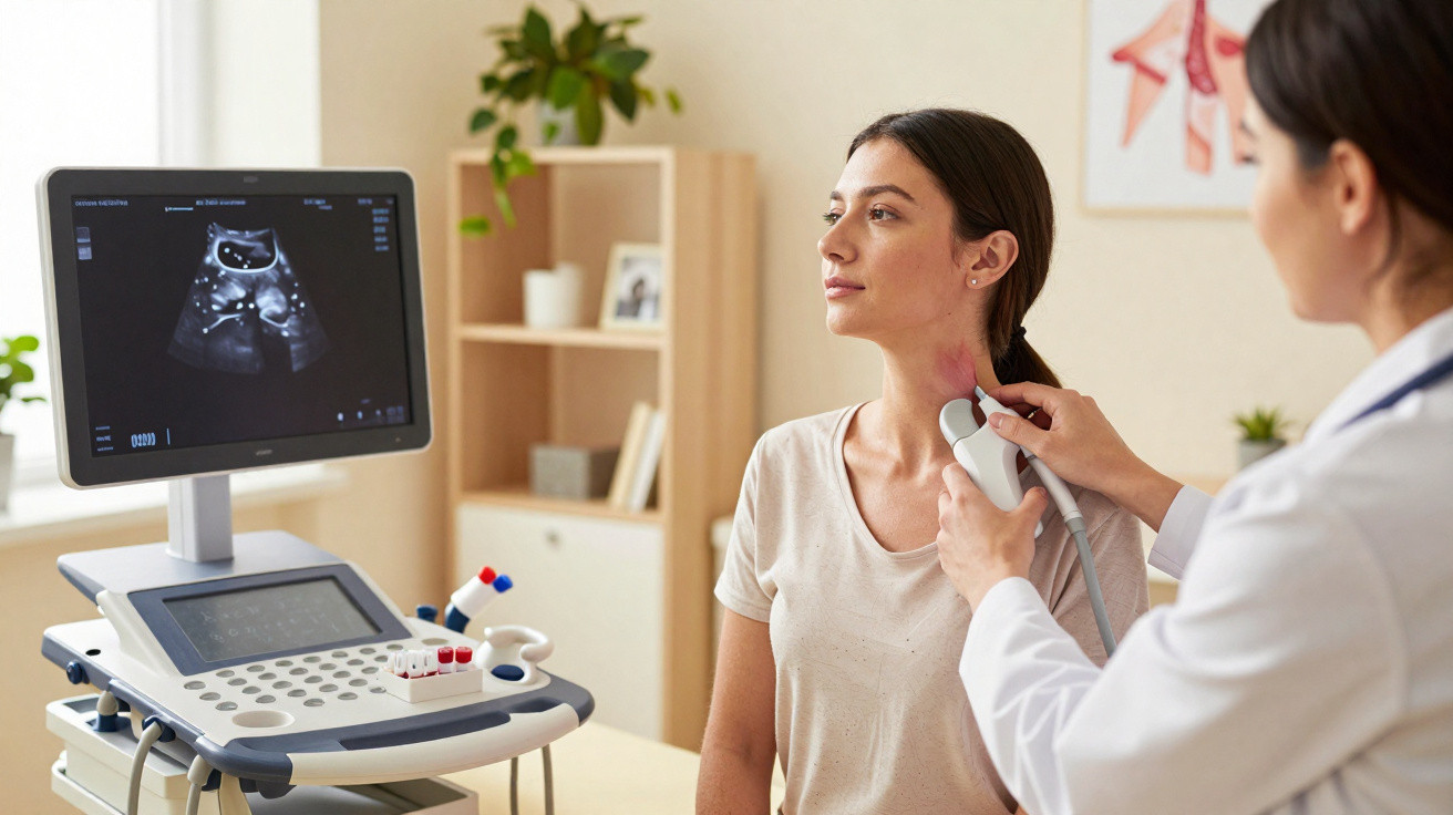 Mulher realizando exame de ultrassom na região do pescoço em consultório médico.