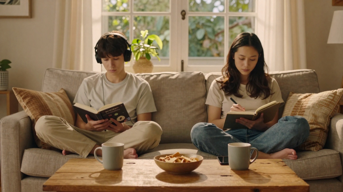 Dois jovens sentados no sofá, um lendo um livro com fones e o outro escrevendo em um caderno, mesa com xícaras.