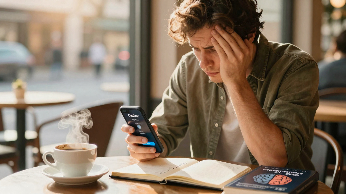Jovem preocupado olhando telefone em café, com livro e caderno à sua frente e xícara de café fumegante.