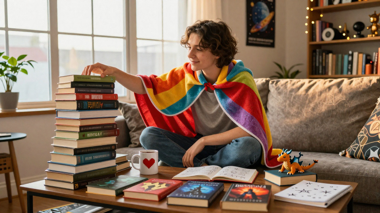 Pessoa com capa colorida arrumando pilha de livros em sala aconchegante com caneca e brinquedo na mesa.