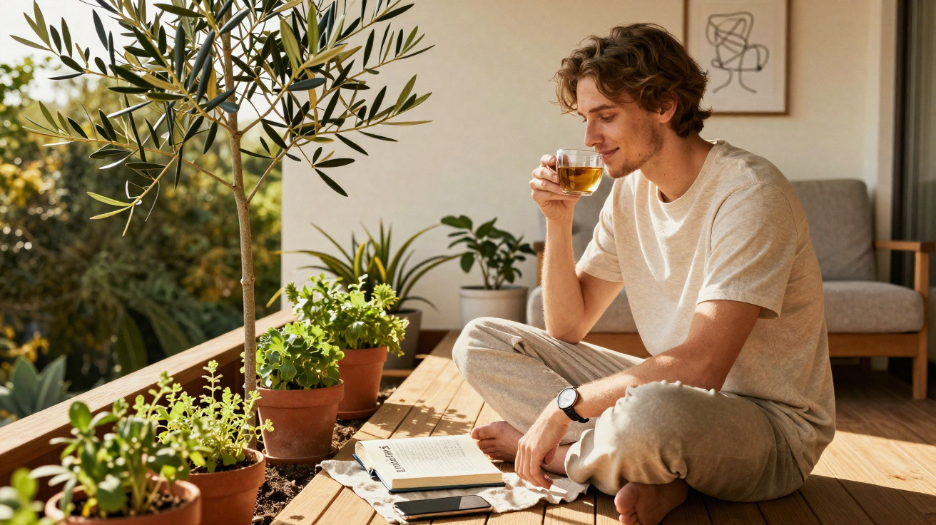 Homem sentado em varanda com plantas, lendo livro e tomando chá, em ambiente tranquilo e iluminado.
