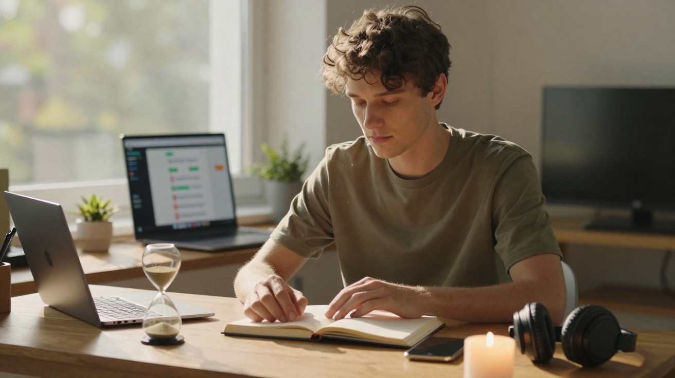 Jovem sentado à mesa lendo um livro, com laptop, ampulheta, fone de ouvido e vela ao redor.