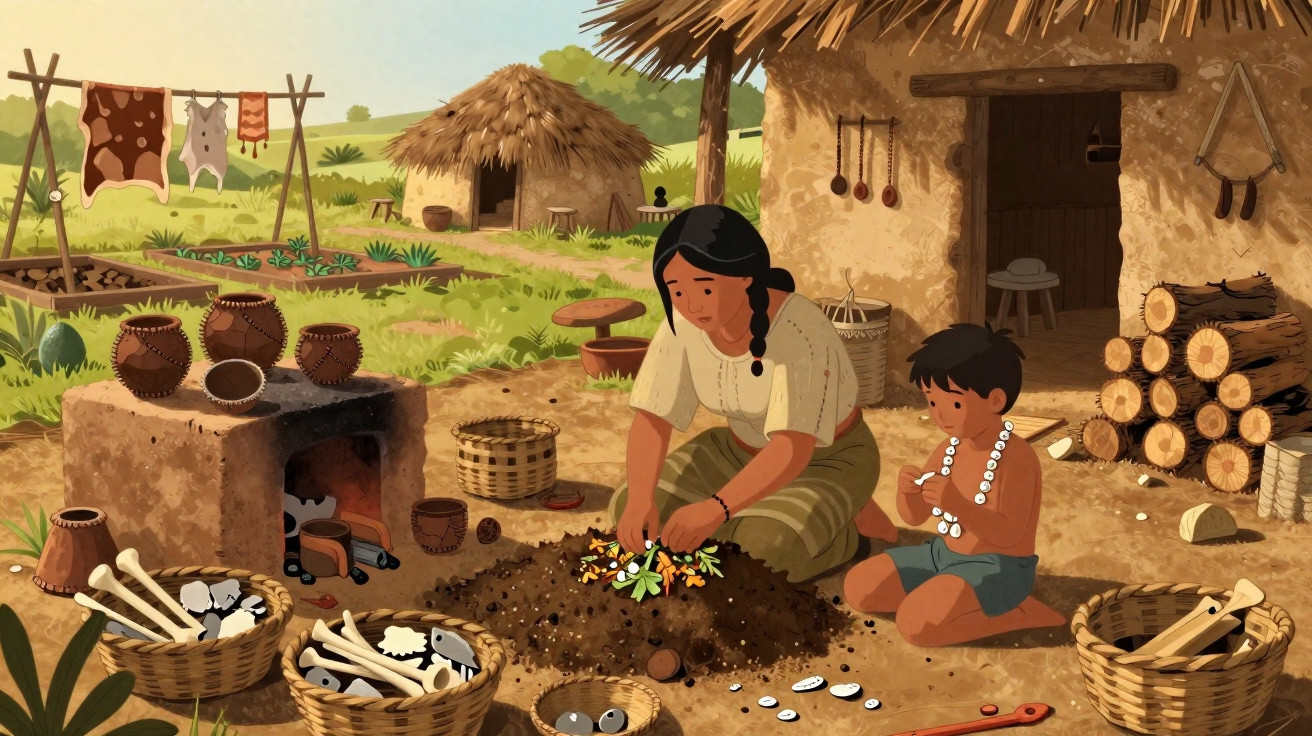 Mulher e menino indígenas plantando flores e sementes em aldeia com casas de palha e utensílios tradicionais.