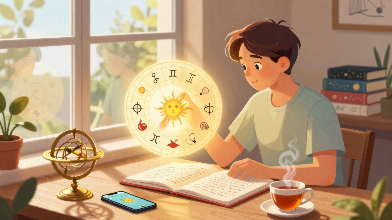 Jovem estudando signos astrológicos com holograma solar, livro aberto, celular e chá em mesa iluminada.