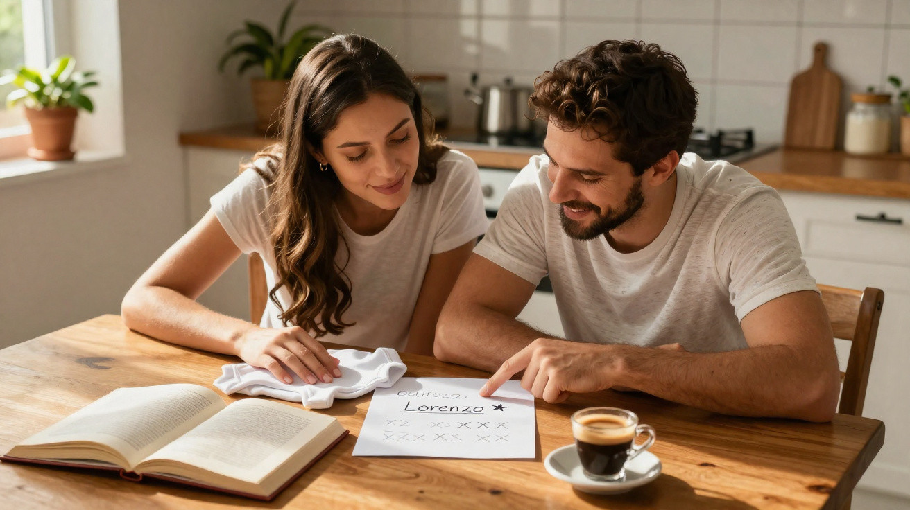 Casal jovem reunido na cozinha lendo convite escrito à mão com nome Lorenzo e café na mesa.