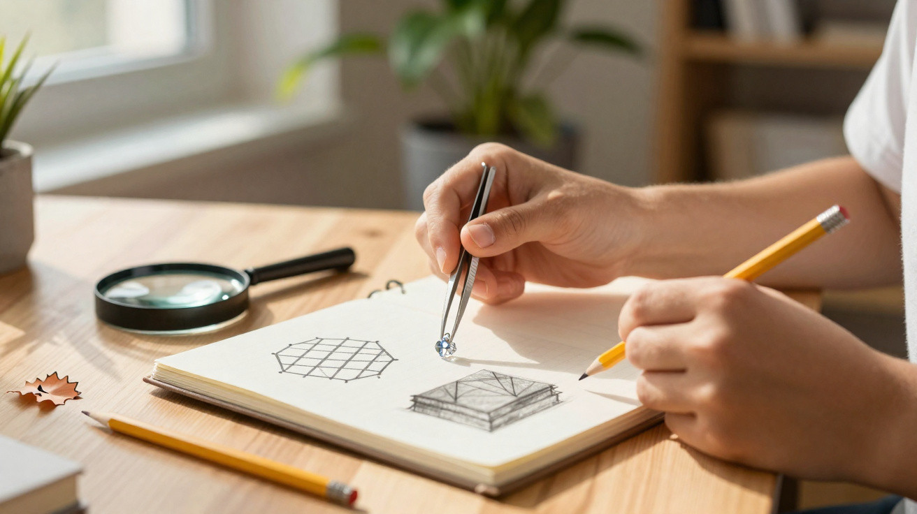 Pessoa desenhando formas geométricas em caderno, segurando lápis e compasso em mesa com lupa e planta.