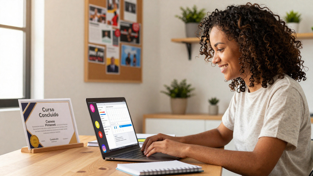Mulher sorridente usando laptop em mesa com certificado de curso concluído ao lado.
