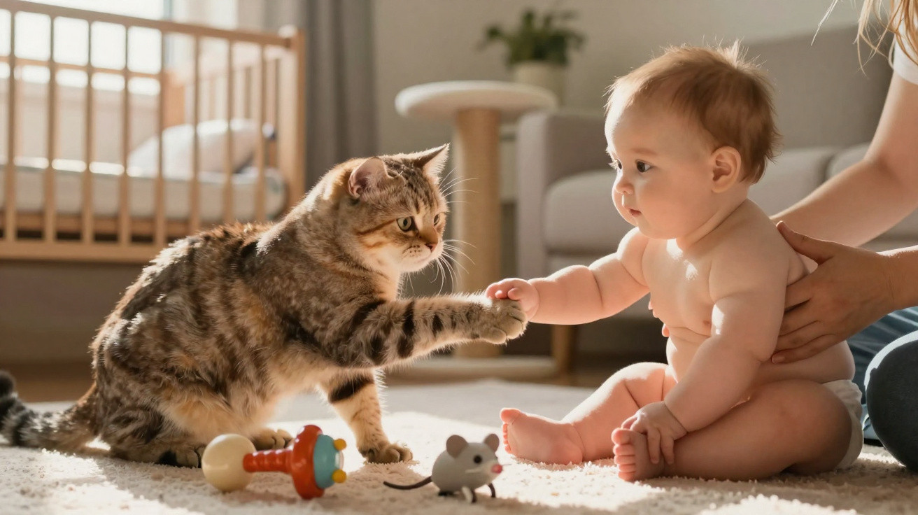 Bebê sentado toca a pata de um gato em um quarto iluminado com brinquedos no tapete.