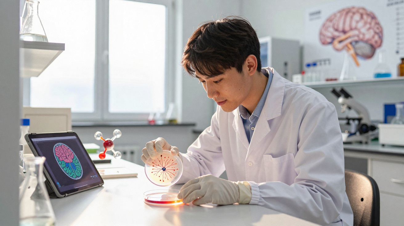 Cientista em laboratório analisando cultura em placa petri com imagem de cérebro em tablet ao lado.