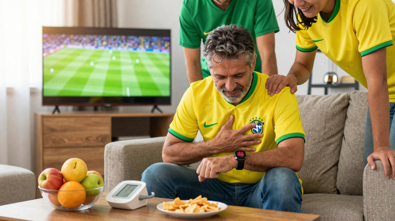 Homem com camisa da seleção brasileira parece sentir dor no peito enquanto assiste a jogo de futebol na TV.