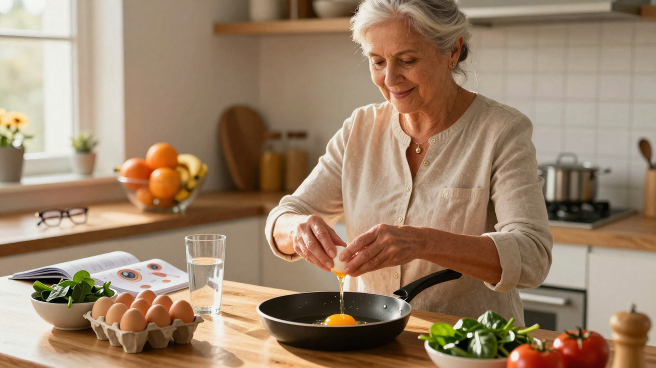 Mulher idosa quebrando ovo em frigideira na cozinha, com legumes e livro de receitas à sua frente.