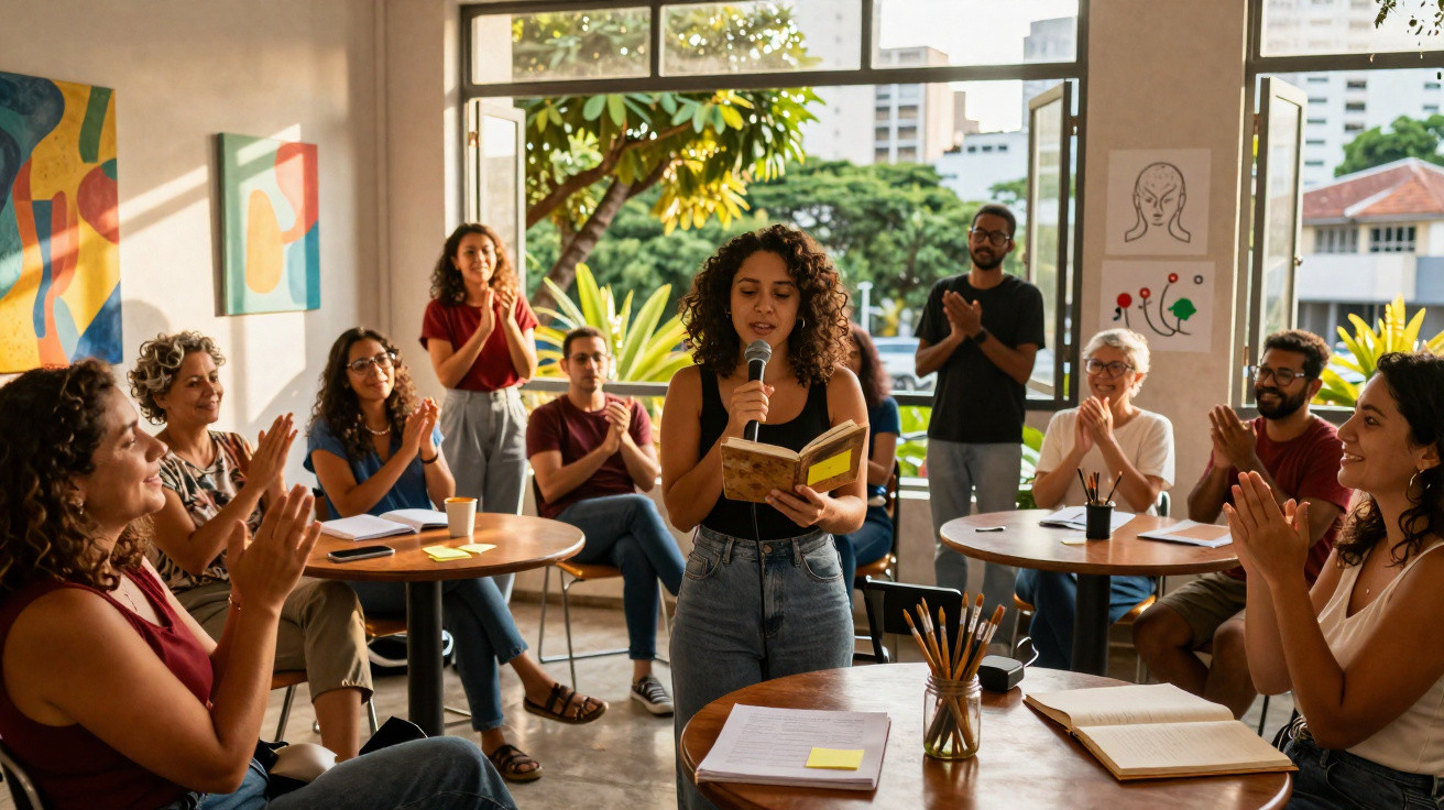 Mulher lendo livro em voz alta para grupo sentado em sala com janelas grandes e obras de arte nas paredes.