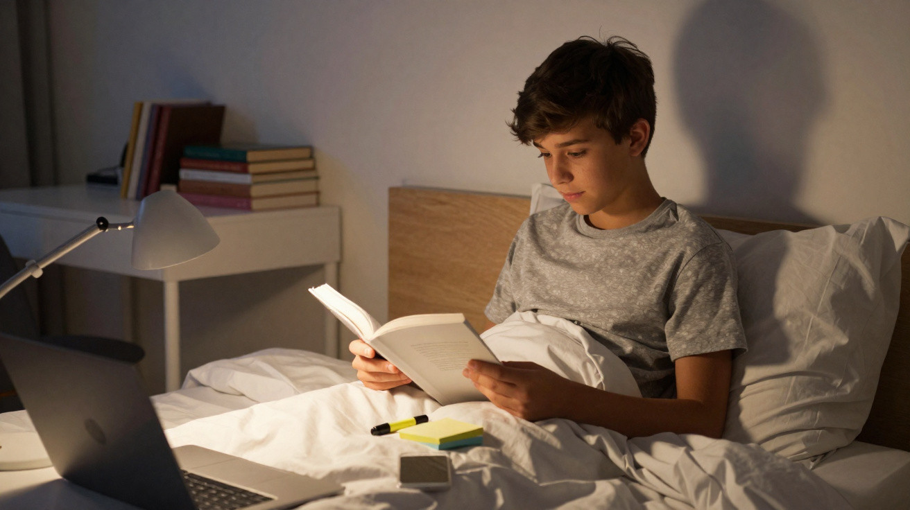 Menino lendo livro na cama à noite, com luz de abajur e laptop aberto ao lado.