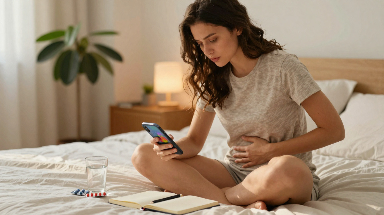 Mulher sentada na cama, com expressão de dor abdominal, segurando o celular e olhando para ele.