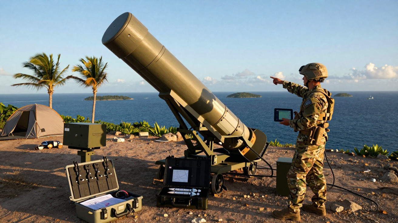 Militar ao lado de equipamento bélico grande à beira-mar com ilhas ao fundo e barraca ao lado.