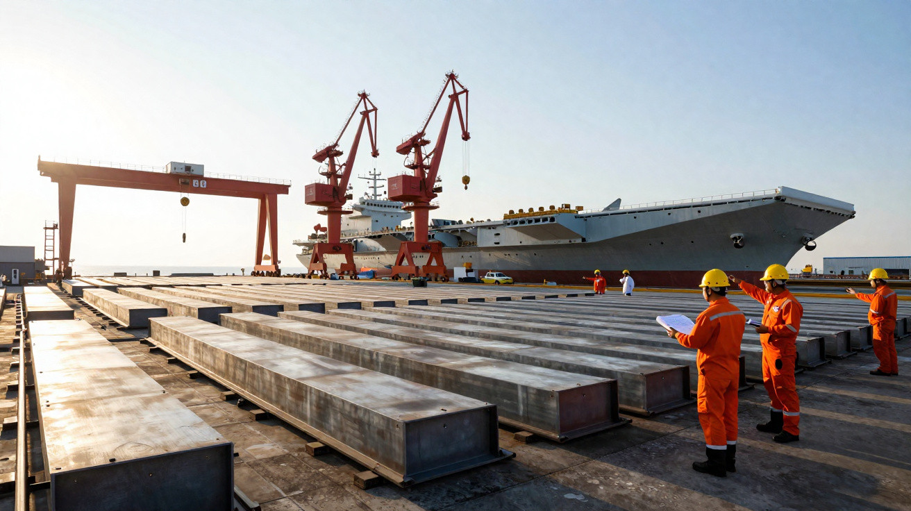 Trabalhadores com uniformes e capacetes inspecionam estrutura metálica em estaleiro com navio e guindastes ao fundo.