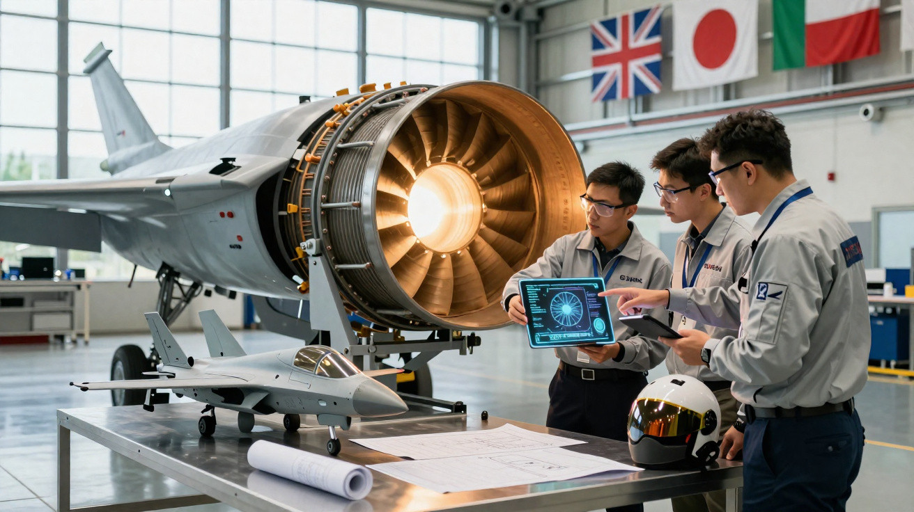 Três técnicos analisam projeto de motor de avião em laboratório com maquete de jato e capacete sobre mesa.