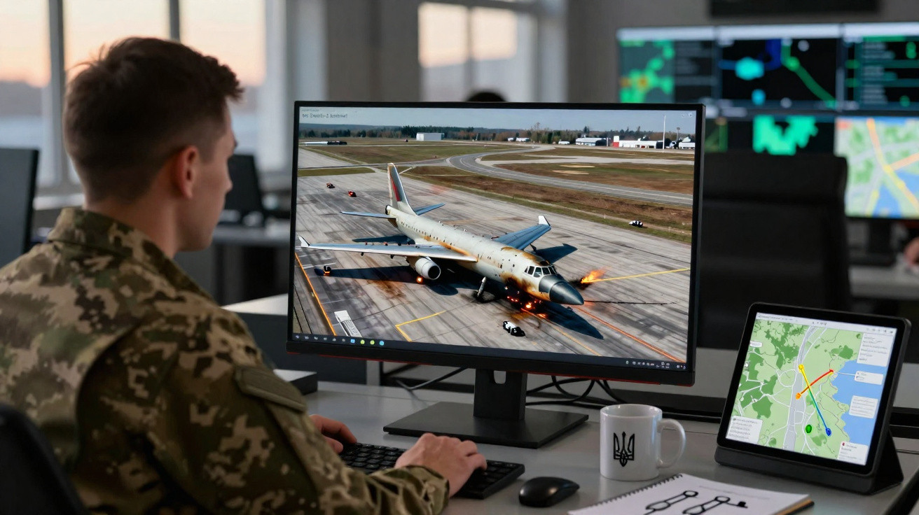Militar observa simulação de ataque a avião militar na tela de computador em centro de comando.