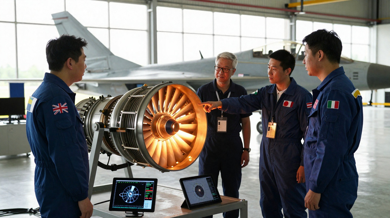 Quatro engenheiros em macacões com bandeiras observam e discutem motor a jato em hangar de aeronave.