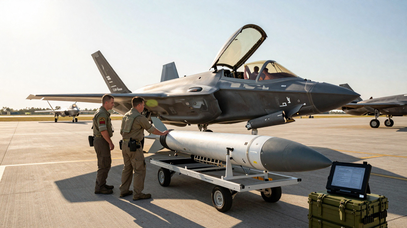 Dois militares preparando míssil próximo a caça F-35 em pista de aeroporto militar ao amanhecer.