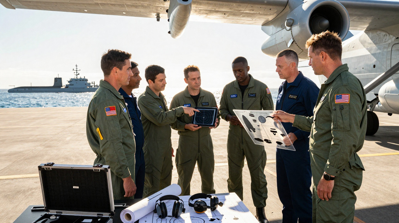 Sete militares em uniformes verdes discutem informações diante de um avião na pista de um porta-aviões.