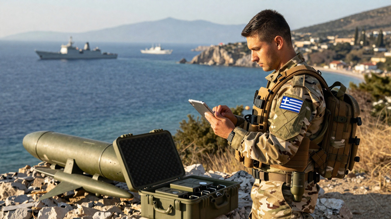Militar grego em uniforme camuflado operando equipamento eletrônico em área costeira com navios ao fundo.