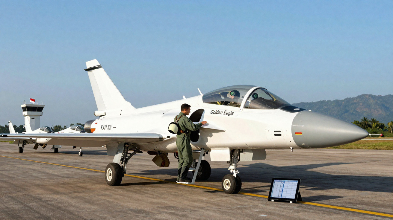 Avião de caça branco KAII 511 no solo com piloto entrando e montanha ao fundo.