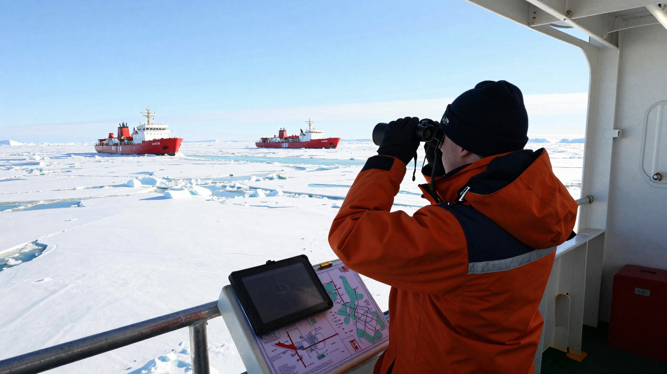 Pessoa vestindo roupa laranja observa com binóculos em navio cercado por gelo, com outros dois navios ao longe no mar congela