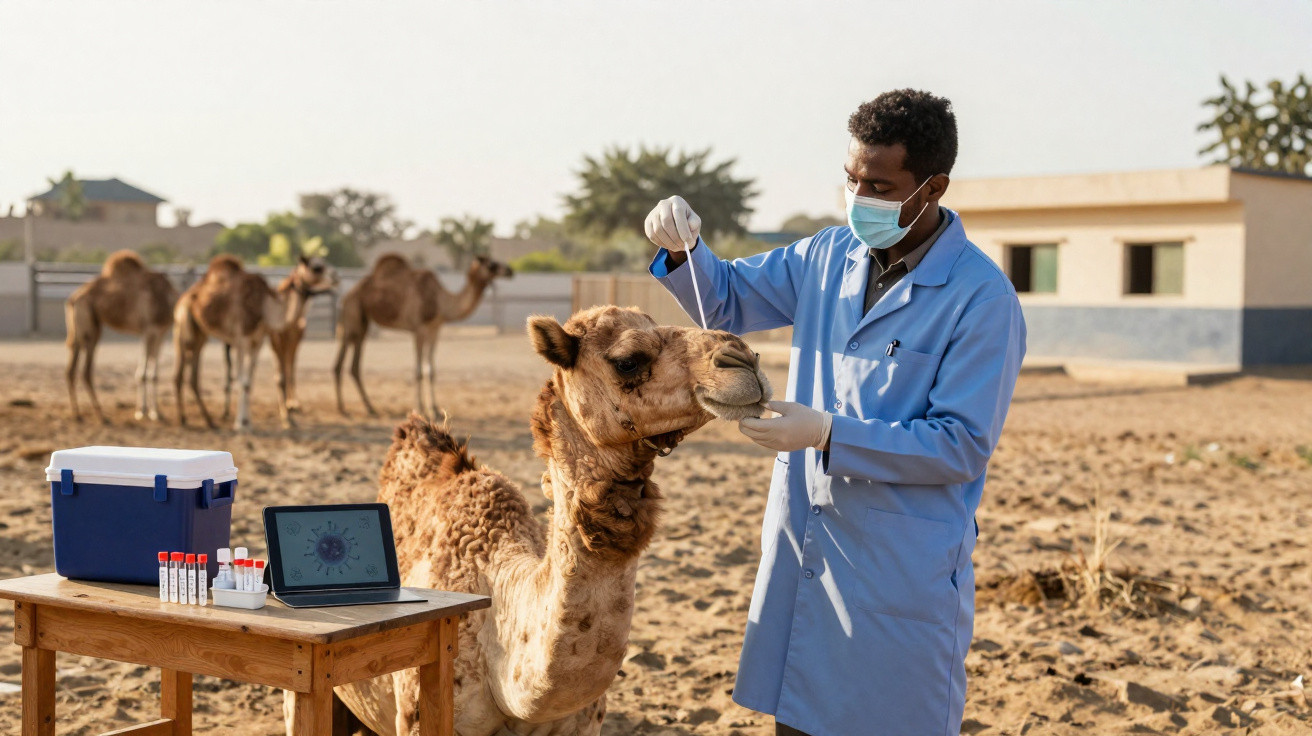 Veterinário usando máscara coleta amostra nasal de camelo em local ao ar livre, com outros camelos ao fundo.