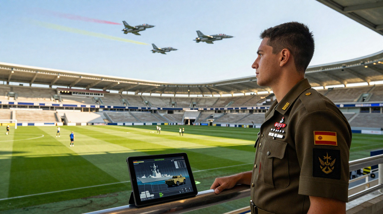 Militar observa jatos voando com rastros coloridos em estádio de futebol durante simulação tática.
