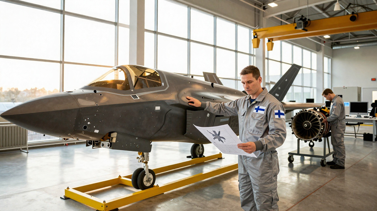 Técnico analisando planta de caça militar ao lado da aeronave em hangar com outro técnico ao fundo.