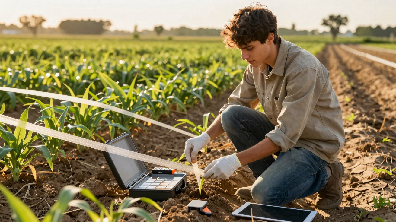 Jovem agricultor mede altura de planta em lavoura com equipamentos tecnológicos no campo ao amanhecer.
