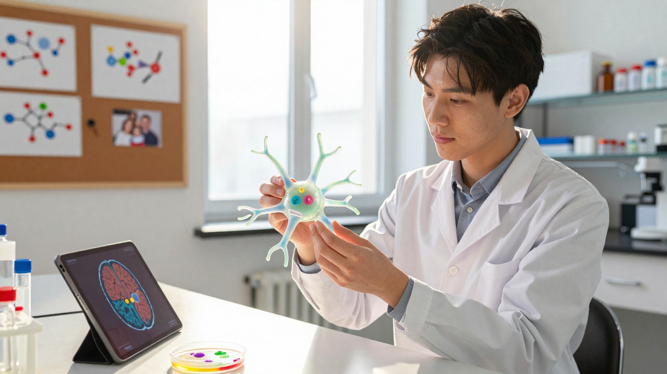 Cientista em laboratório segurando modelo 3D de neurônio, com tablet e lâminas ao fundo.