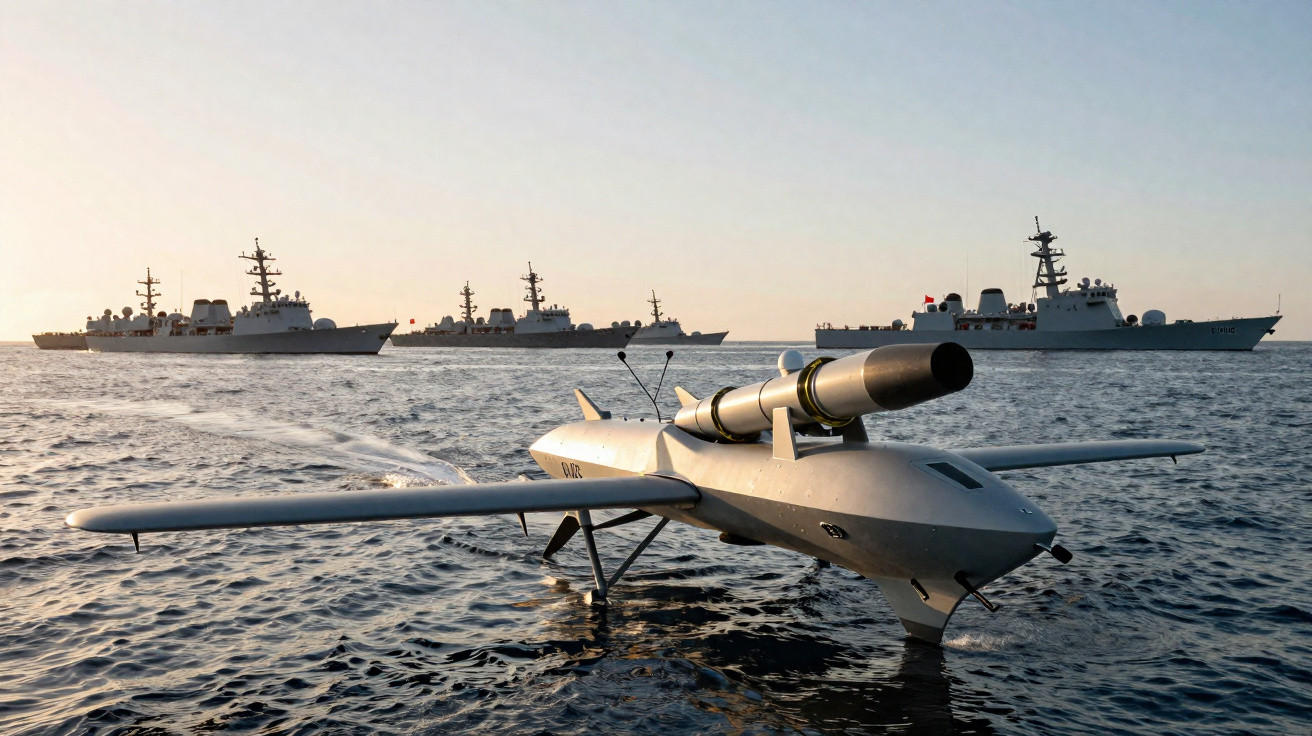 Veículo aéreo não tripulado em posição flutuante sobre o mar com navios militares ao fundo ao pôr do sol.